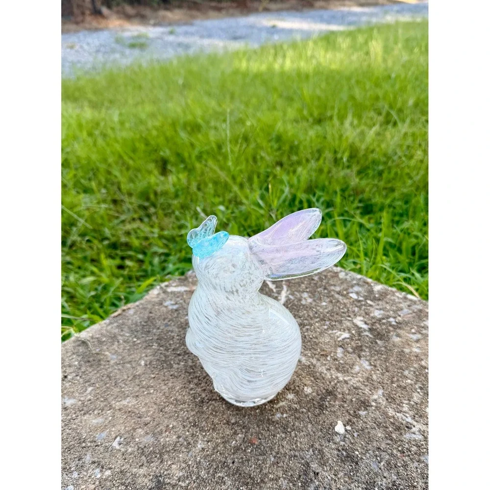 Hand Blown Art Glass Bunny Figurine White Swirl Pink Ears Blue Butterfly 8.5in